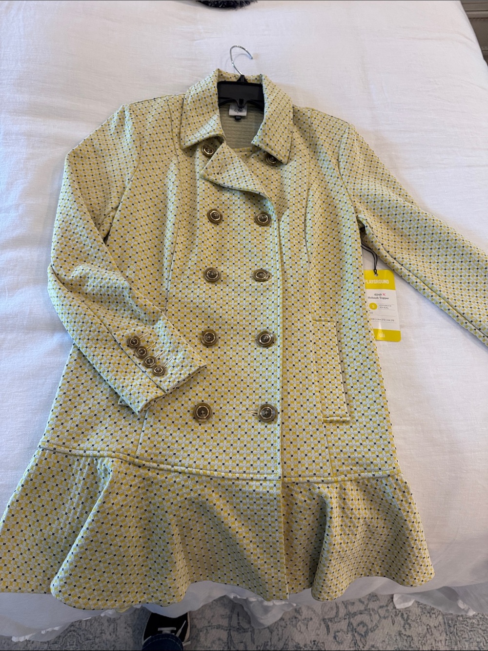 CAbi Light Yellow Patterned Double-Breasted Peplum Coat